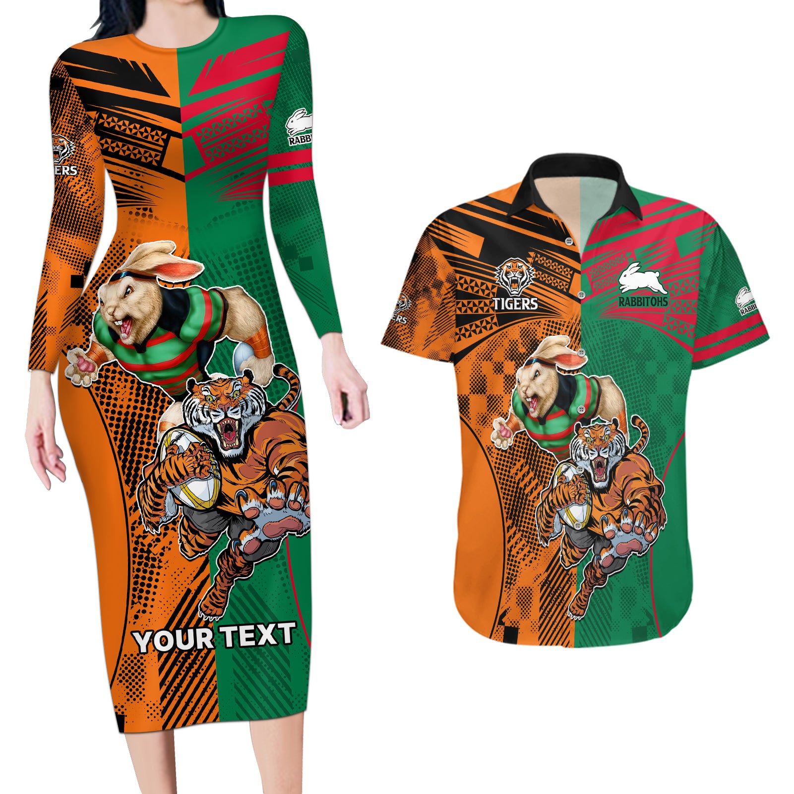 Custom Wests Tigers and Rabbitohs Rugby Couples Matching Long Sleeve Bodycon Dress and Hawaiian Shirt Sporty Style LT9