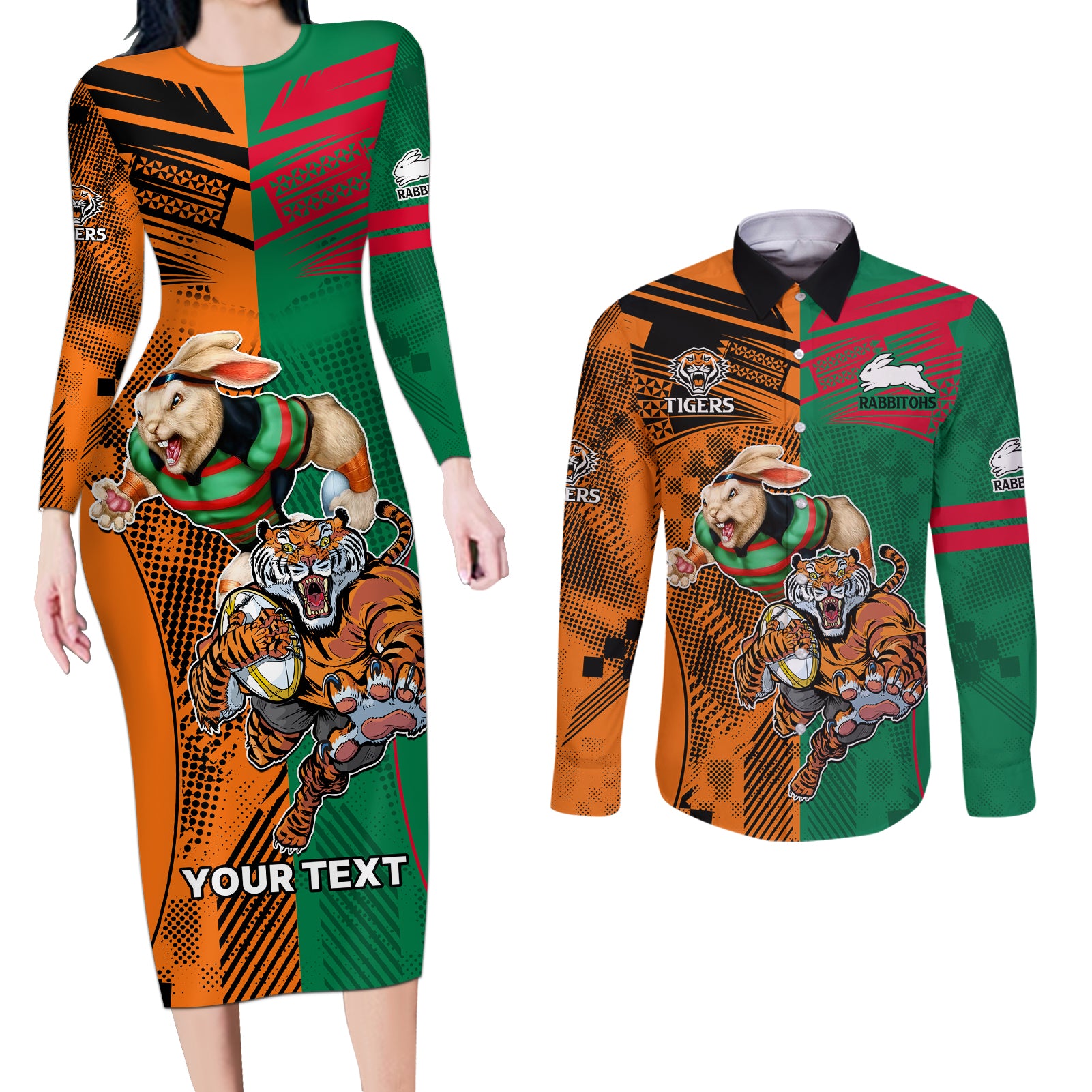 Custom Wests Tigers and Rabbitohs Rugby Couples Matching Long Sleeve Bodycon Dress and Long Sleeve Button Shirts Sporty Style LT9