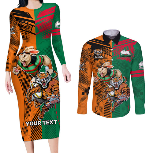 Custom Wests Tigers and Rabbitohs Rugby Couples Matching Long Sleeve Bodycon Dress and Long Sleeve Button Shirts Sporty Style LT9