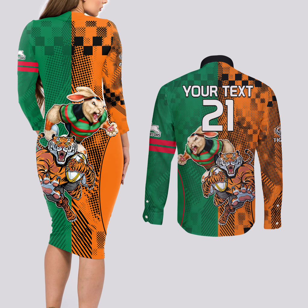 Custom Wests Tigers and Rabbitohs Rugby Couples Matching Long Sleeve Bodycon Dress and Long Sleeve Button Shirts Sporty Style LT9