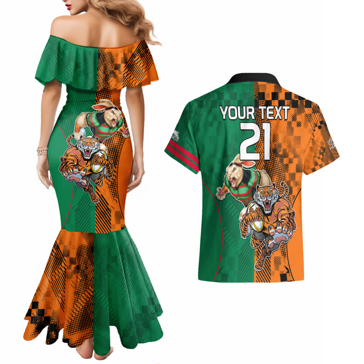 Custom Wests Tigers and Rabbitohs Rugby Couples Matching Mermaid Dress And Hawaiian Shirt Sporty Style LT9