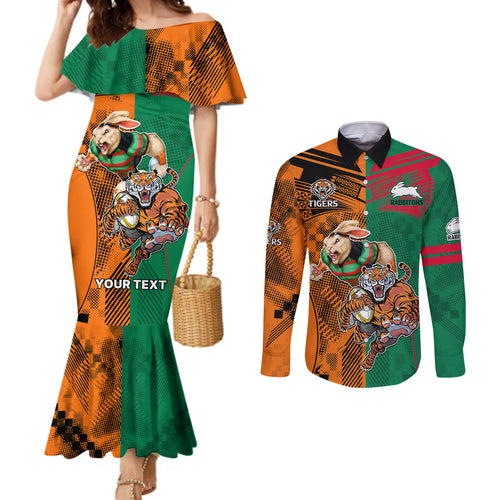 Custom Wests Tigers and Rabbitohs Rugby Couples Matching Mermaid Dress and Long Sleeve Button Shirts Sporty Style LT9