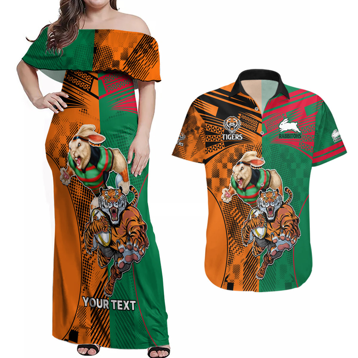Custom Wests Tigers and Rabbitohs Rugby Couples Matching Off Shoulder Maxi Dress and Hawaiian Shirt Sporty Style LT9