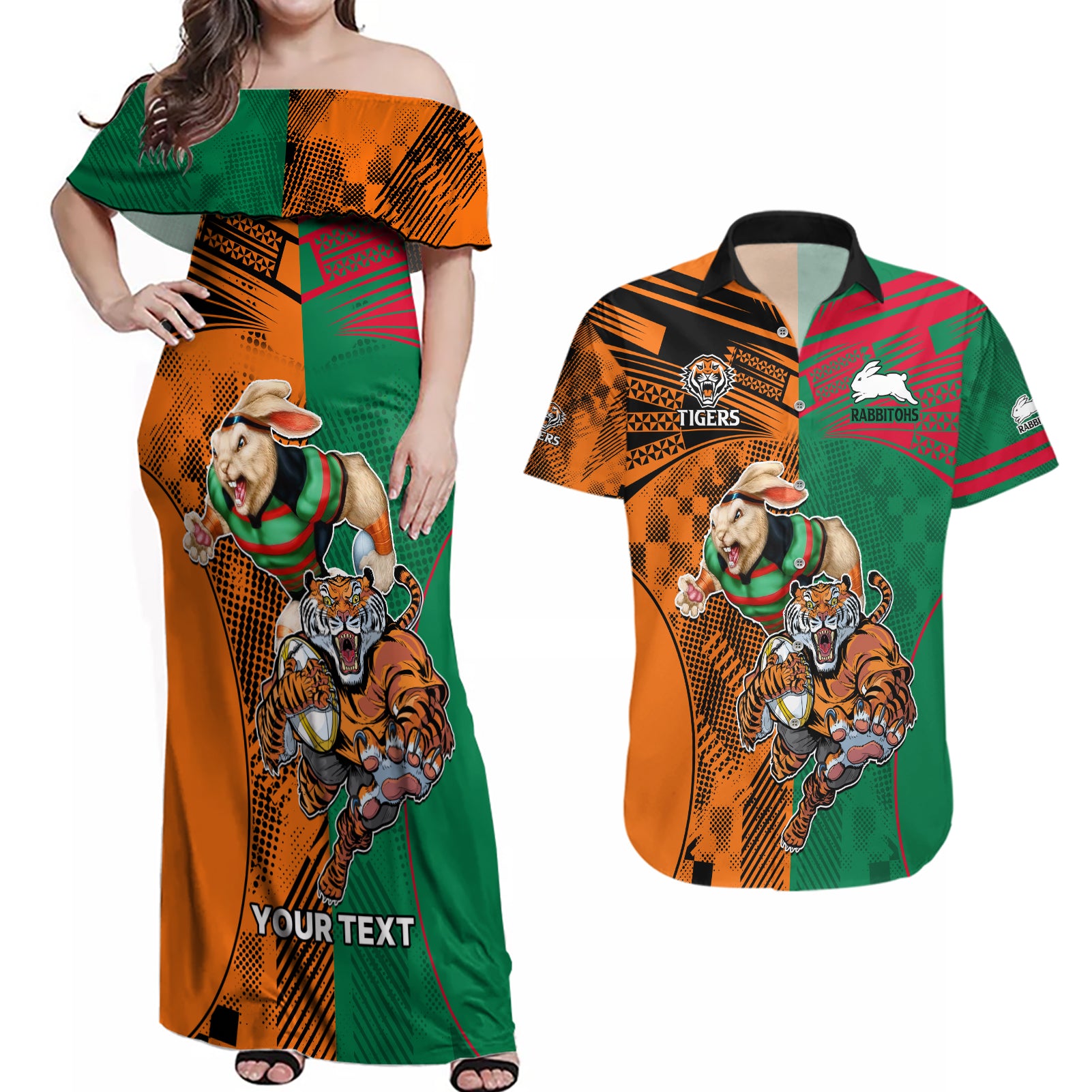 Custom Wests Tigers and Rabbitohs Rugby Couples Matching Off Shoulder Maxi Dress and Hawaiian Shirt Sporty Style LT9