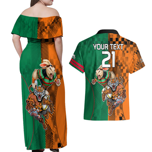Custom Wests Tigers and Rabbitohs Rugby Couples Matching Off Shoulder Maxi Dress and Hawaiian Shirt Sporty Style LT9