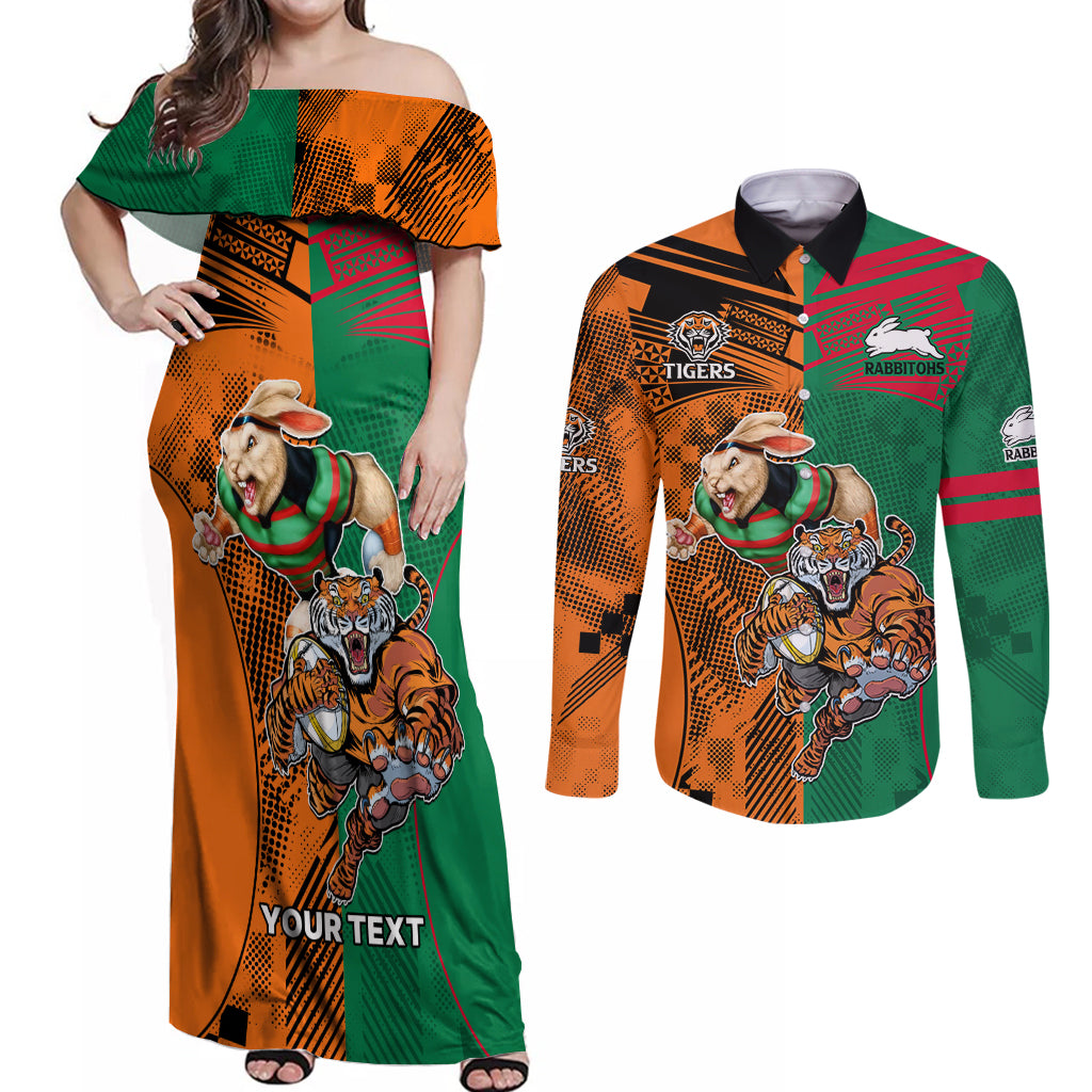 Custom Wests Tigers and Rabbitohs Rugby Couples Matching Off Shoulder Maxi Dress and Long Sleeve Button Shirts Sporty Style LT9