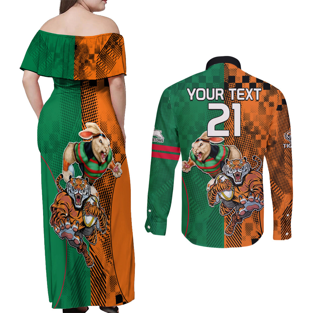 Custom Wests Tigers and Rabbitohs Rugby Couples Matching Off Shoulder Maxi Dress and Long Sleeve Button Shirts Sporty Style LT9
