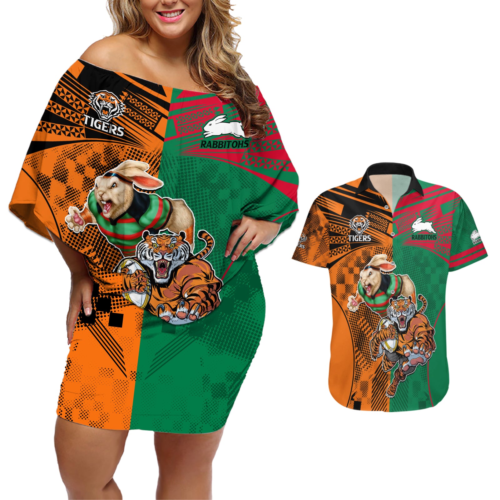 Custom Wests Tigers and Rabbitohs Rugby Couples Matching Off Shoulder Short Dress and Hawaiian Shirt Sporty Style LT9