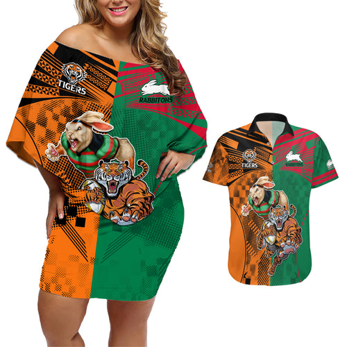 Custom Wests Tigers and Rabbitohs Rugby Couples Matching Off Shoulder Short Dress and Hawaiian Shirt Sporty Style LT9