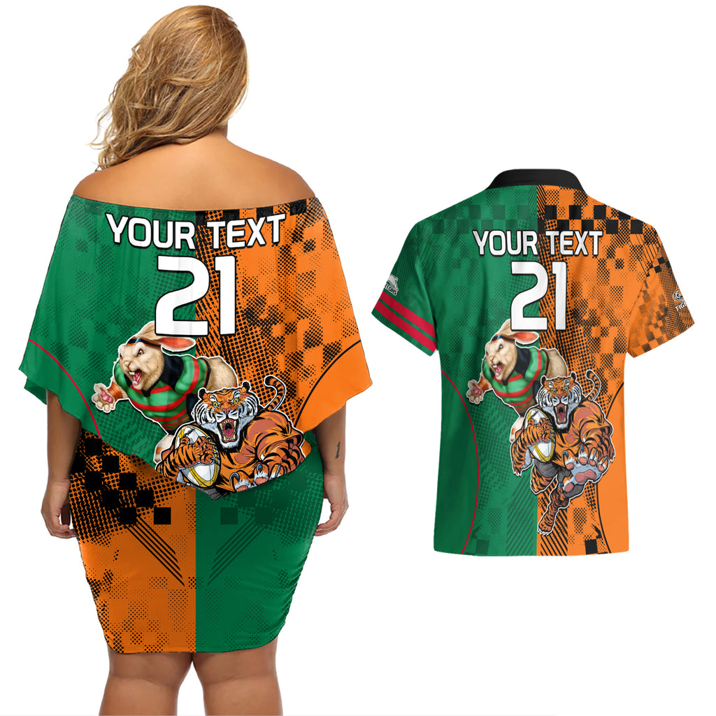 Custom Wests Tigers and Rabbitohs Rugby Couples Matching Off Shoulder Short Dress and Hawaiian Shirt Sporty Style LT9