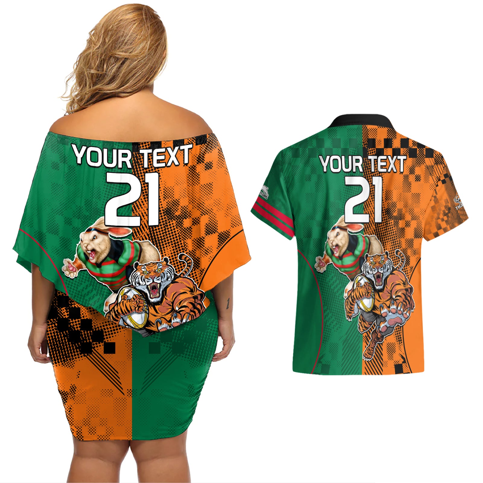 Custom Wests Tigers and Rabbitohs Rugby Couples Matching Off Shoulder Short Dress and Hawaiian Shirt Sporty Style LT9