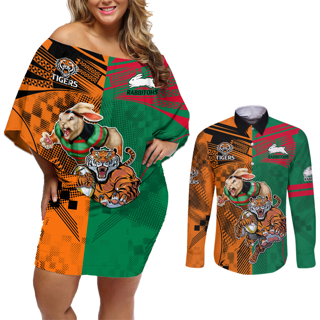 Custom Wests Tigers and Rabbitohs Rugby Couples Matching Off Shoulder Short Dress and Long Sleeve Button Shirts Sporty Style LT9