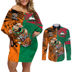 Custom Wests Tigers and Rabbitohs Rugby Couples Matching Off Shoulder Short Dress and Long Sleeve Button Shirts Sporty Style LT9