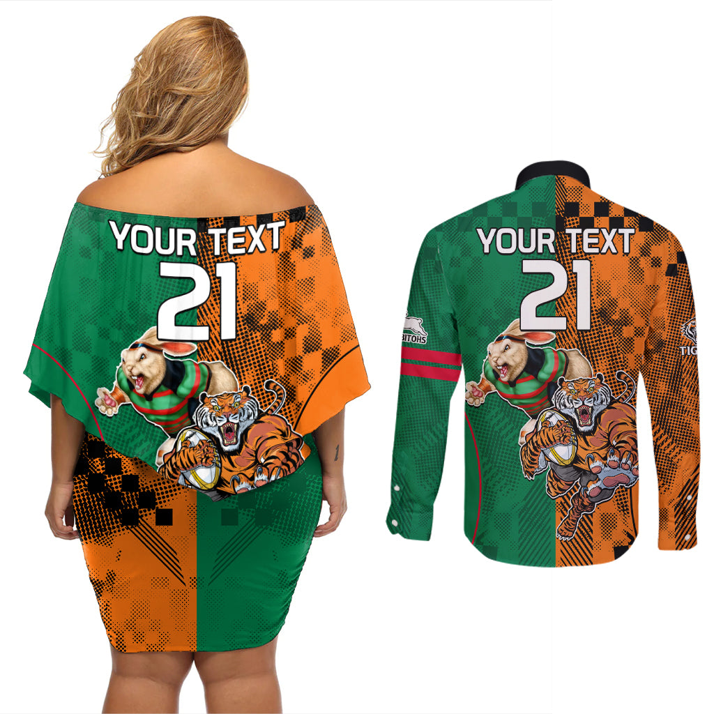 Custom Wests Tigers and Rabbitohs Rugby Couples Matching Off Shoulder Short Dress and Long Sleeve Button Shirts Sporty Style LT9