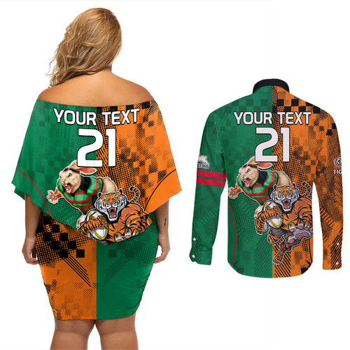 Custom Wests Tigers and Rabbitohs Rugby Couples Matching Off Shoulder Short Dress and Long Sleeve Button Shirts Sporty Style LT9