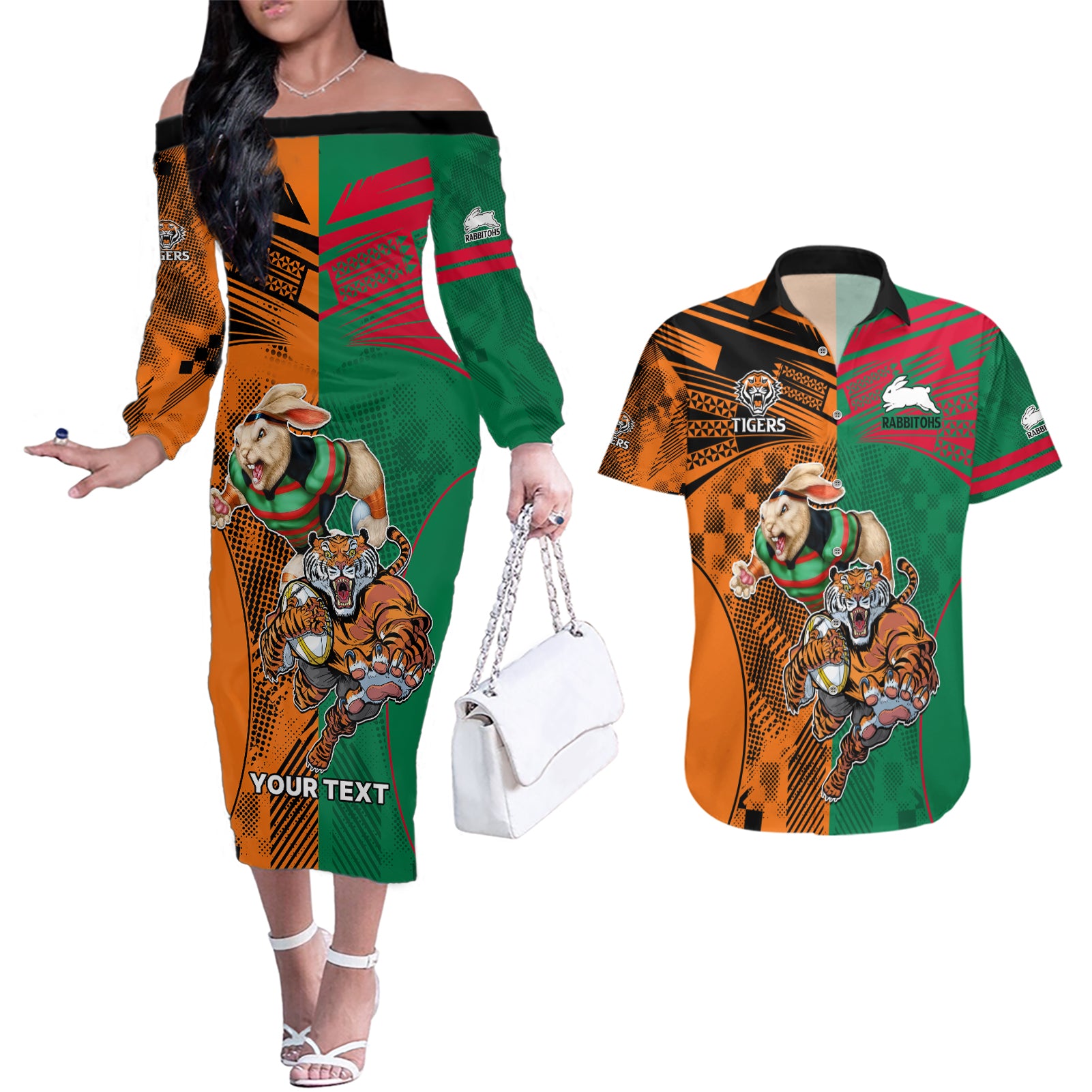 Custom Wests Tigers and Rabbitohs Rugby Couples Matching Off The Shoulder Long Sleeve Dress and Hawaiian Shirt Sporty Style LT9