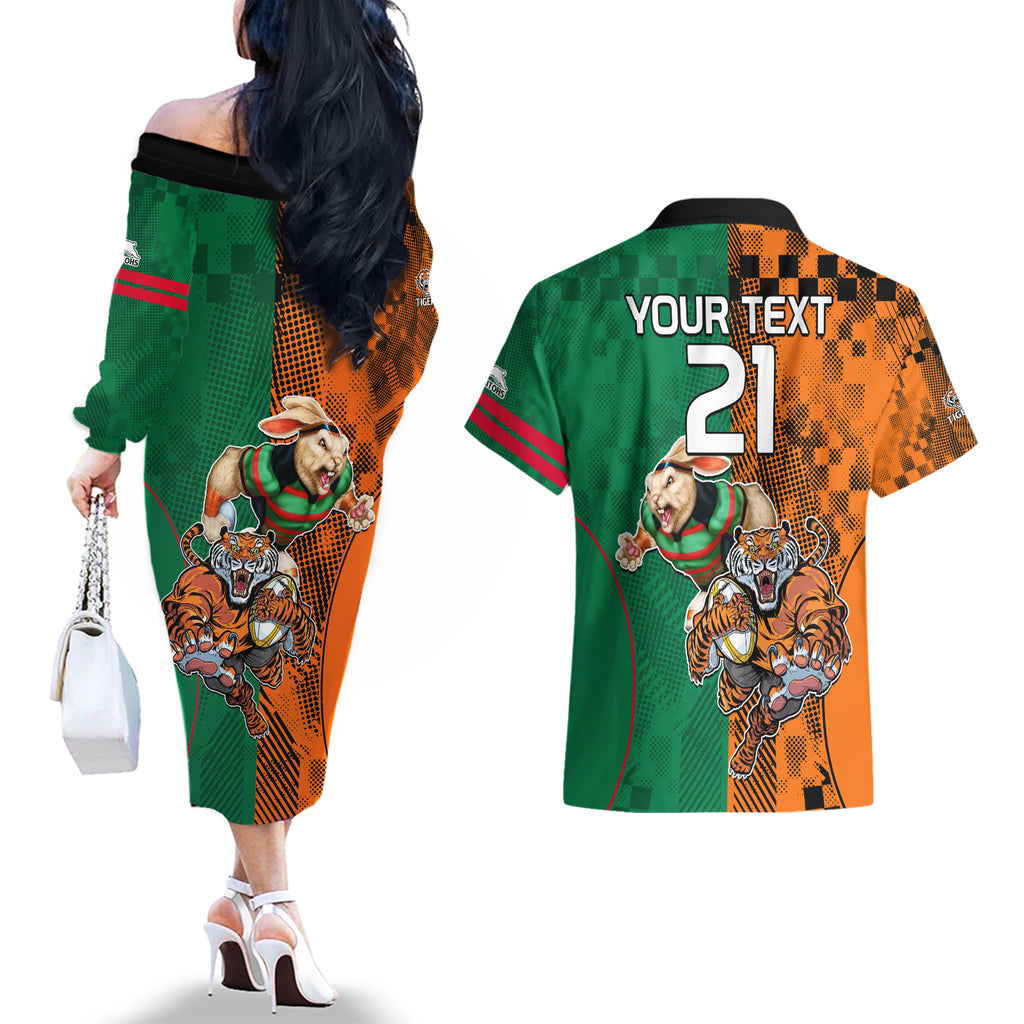 Custom Wests Tigers and Rabbitohs Rugby Couples Matching Off The Shoulder Long Sleeve Dress and Hawaiian Shirt Sporty Style LT9