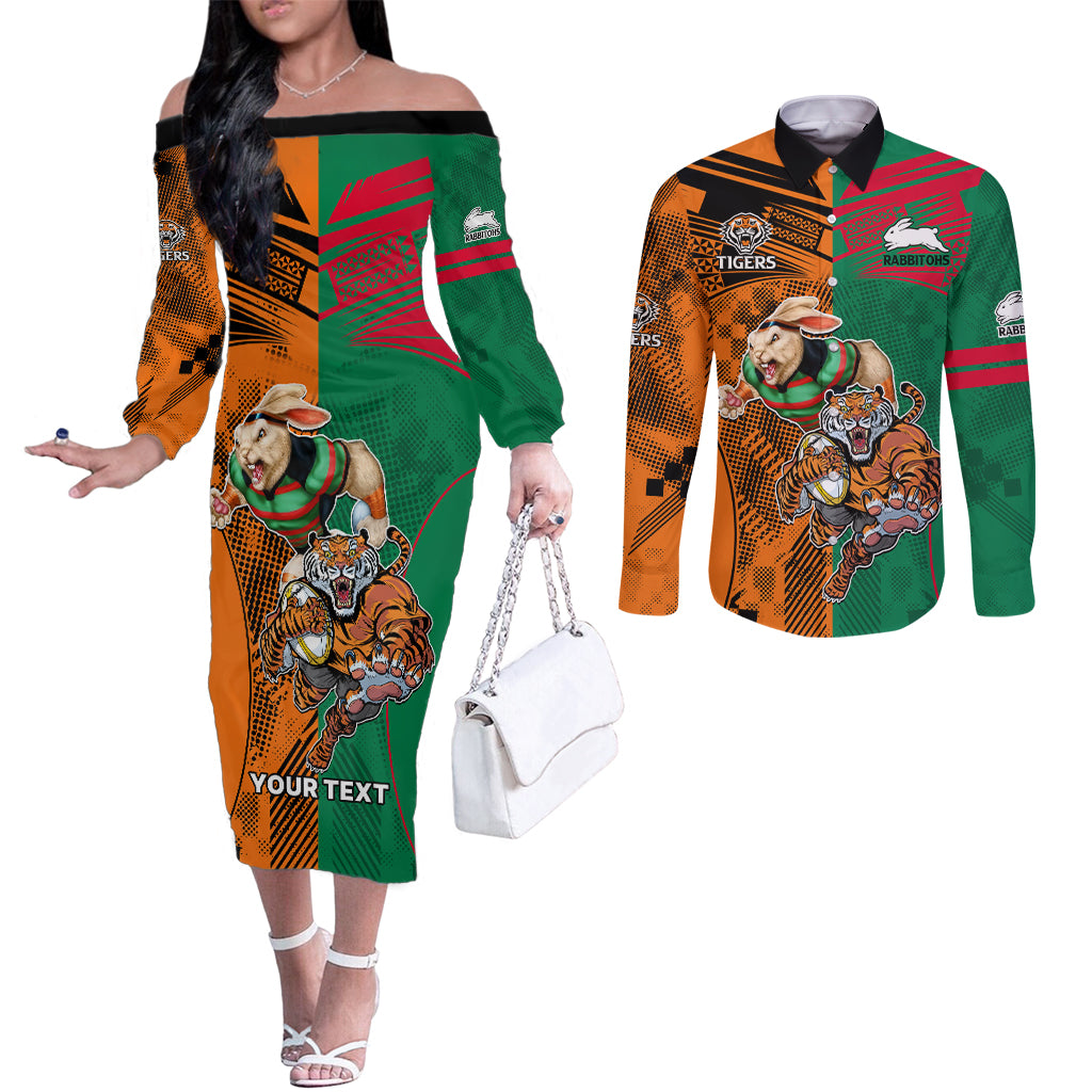 Custom Wests Tigers and Rabbitohs Rugby Couples Matching Off The Shoulder Long Sleeve Dress and Long Sleeve Button Shirts Sporty Style LT9