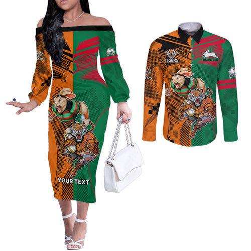Custom Wests Tigers and Rabbitohs Rugby Couples Matching Off The Shoulder Long Sleeve Dress and Long Sleeve Button Shirts Sporty Style LT9