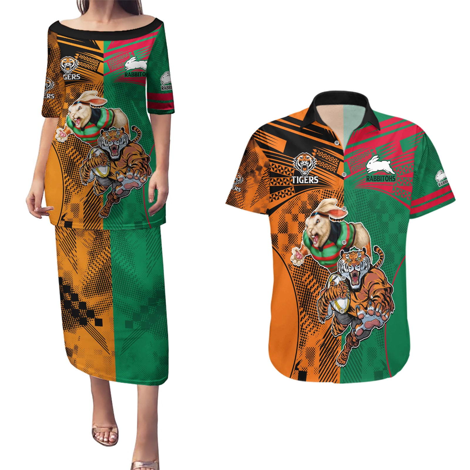 Custom Wests Tigers and Rabbitohs Rugby Couples Matching Puletasi Dress and Hawaiian Shirt Sporty Style LT9