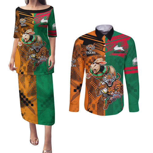 Custom Wests Tigers and Rabbitohs Rugby Couples Matching Puletasi Dress and Long Sleeve Button Shirts Sporty Style LT9