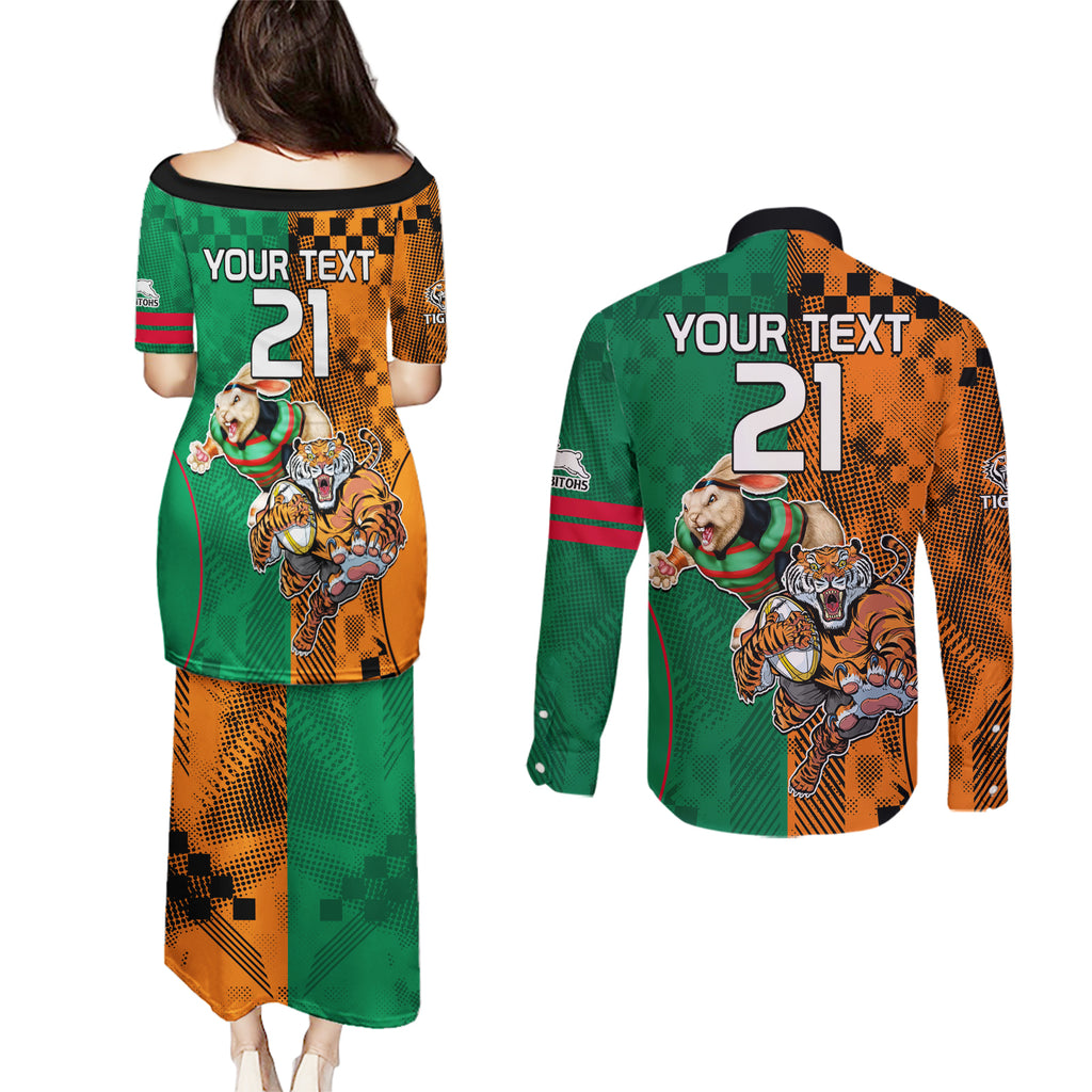 Custom Wests Tigers and Rabbitohs Rugby Couples Matching Puletasi Dress and Long Sleeve Button Shirts Sporty Style LT9