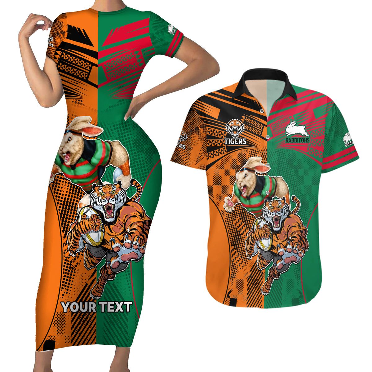 Custom Wests Tigers and Rabbitohs Rugby Couples Matching Short Sleeve Bodycon Dress and Hawaiian Shirt Sporty Style LT9