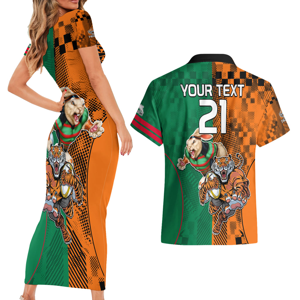 Custom Wests Tigers and Rabbitohs Rugby Couples Matching Short Sleeve Bodycon Dress and Hawaiian Shirt Sporty Style LT9