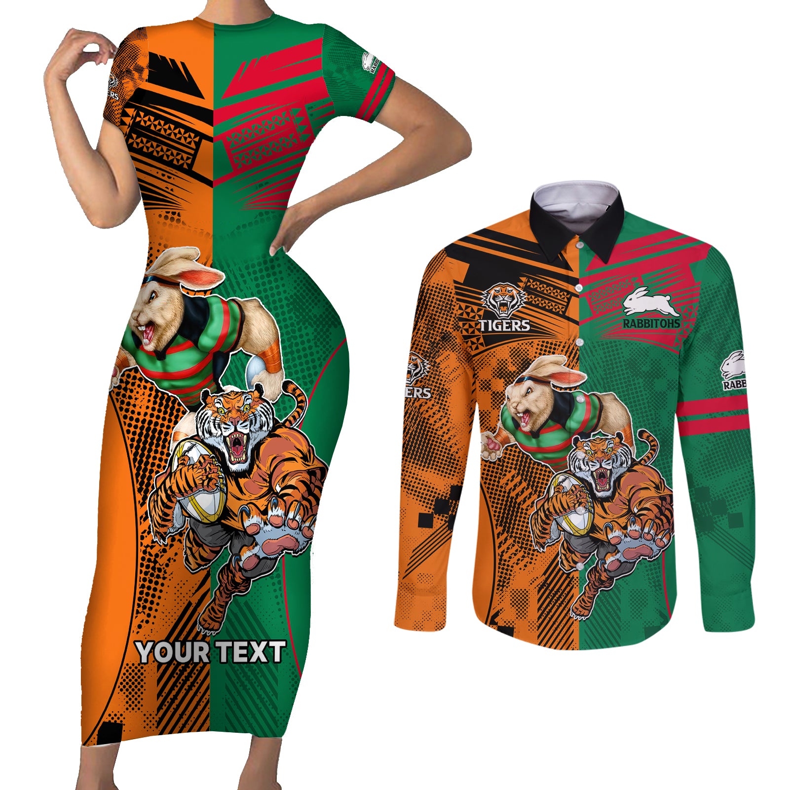Custom Wests Tigers and Rabbitohs Rugby Couples Matching Short Sleeve Bodycon Dress and Long Sleeve Button Shirts Sporty Style LT9