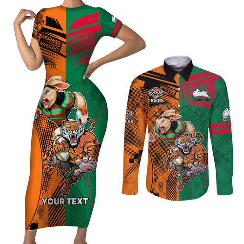 Custom Wests Tigers and Rabbitohs Rugby Couples Matching Short Sleeve Bodycon Dress and Long Sleeve Button Shirts Sporty Style LT9