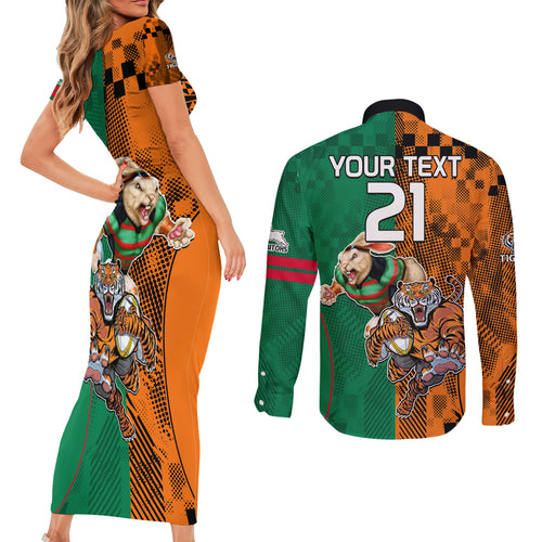 Custom Wests Tigers and Rabbitohs Rugby Couples Matching Short Sleeve Bodycon Dress and Long Sleeve Button Shirts Sporty Style LT9