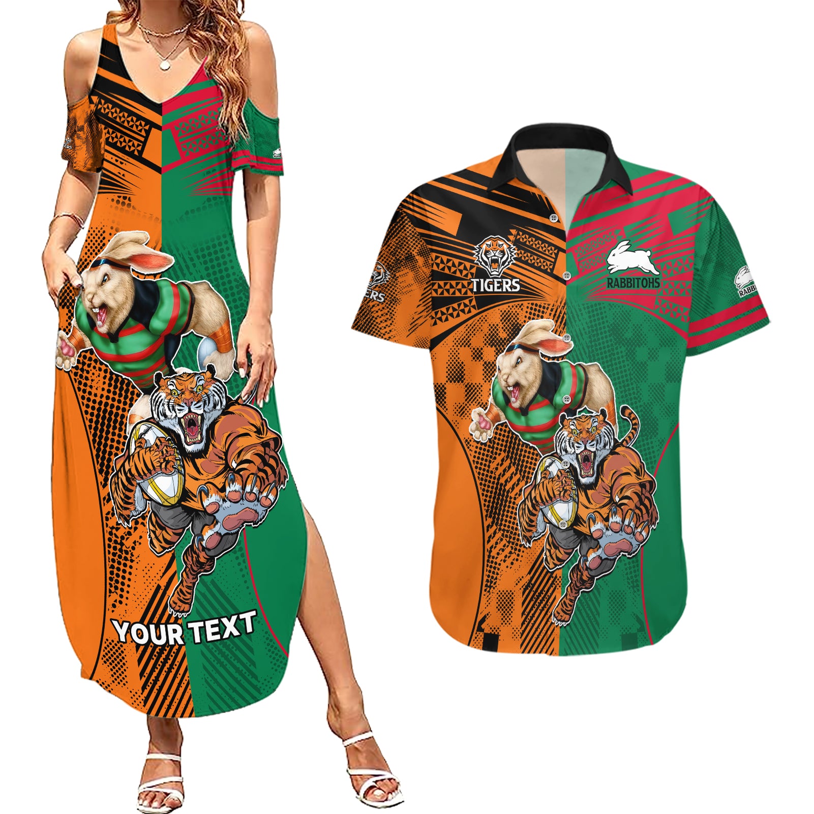 Custom Wests Tigers and Rabbitohs Rugby Couples Matching Summer Maxi Dress and Hawaiian Shirt Sporty Style LT9