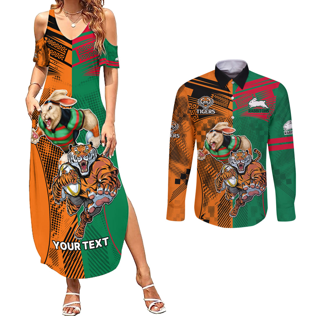 Custom Wests Tigers and Rabbitohs Rugby Couples Matching Summer Maxi Dress and Long Sleeve Button Shirts Sporty Style LT9