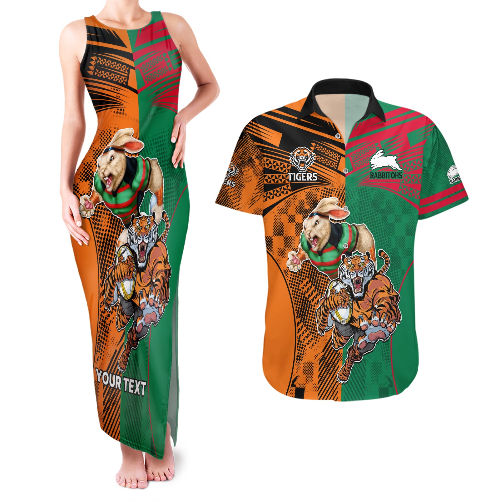 Custom Wests Tigers and Rabbitohs Rugby Couples Matching Tank Maxi Dress And Hawaiian Shirt Sporty Style LT9