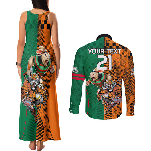 Custom Wests Tigers and Rabbitohs Rugby Couples Matching Tank Maxi Dress and Long Sleeve Button Shirts Sporty Style LT9