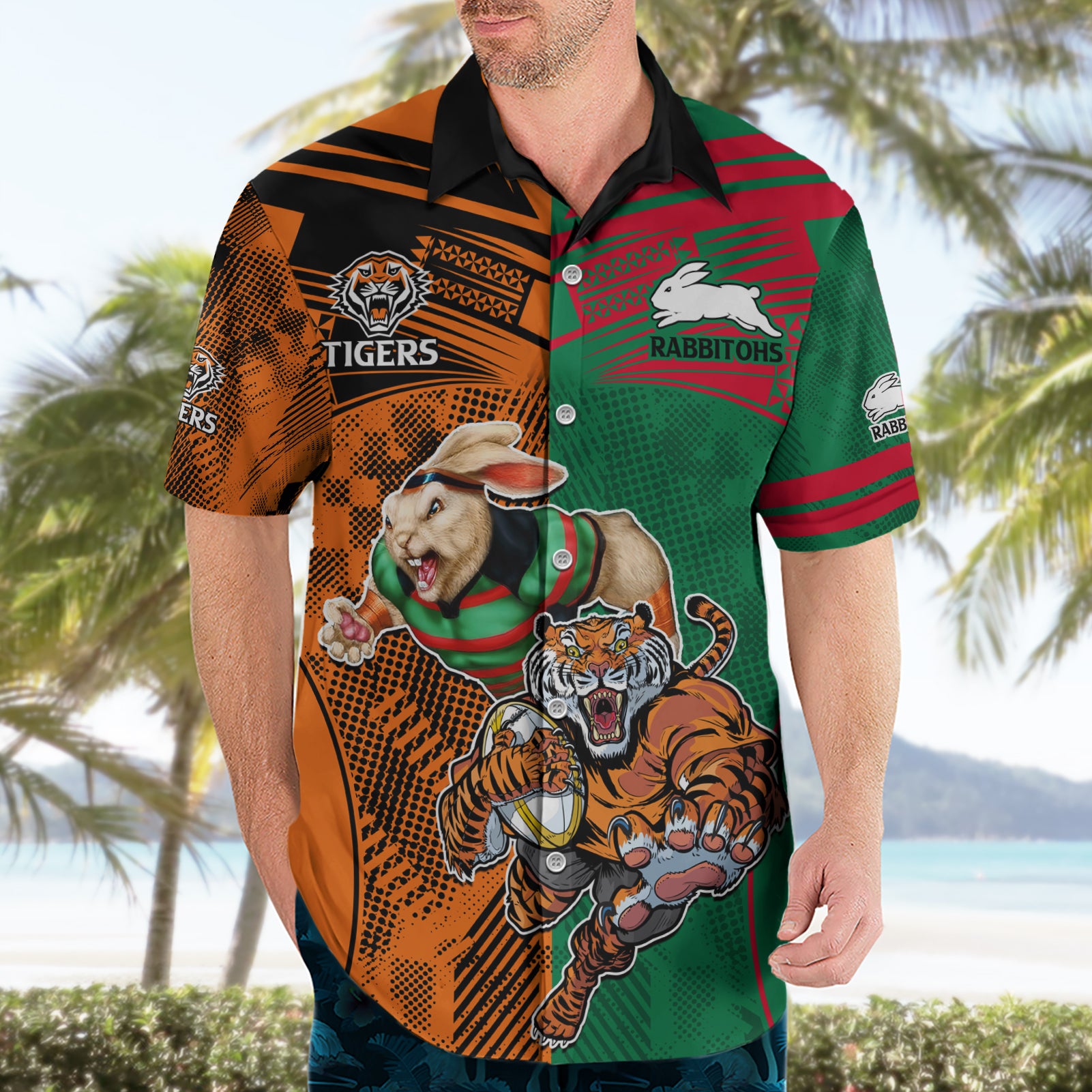 Custom Wests Tigers and Rabbitohs Rugby Hawaiian Shirt Sporty Style LT9