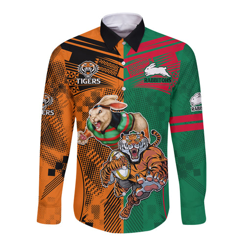 Custom Wests Tigers and Rabbitohs Rugby Long Sleeve Button Shirt Sporty Style LT9