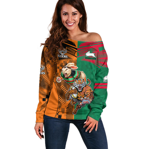 Custom Wests Tigers and Rabbitohs Rugby Off Shoulder Sweater Sporty Style LT9
