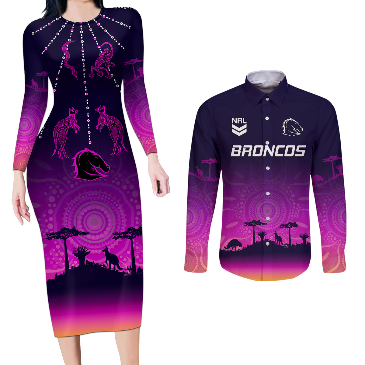 nrl-broncos-couples-matching-long-sleeve-bodycon-dress-and-long-sleeve-button-shirts-the-starry-night-indigenous-aboriginal