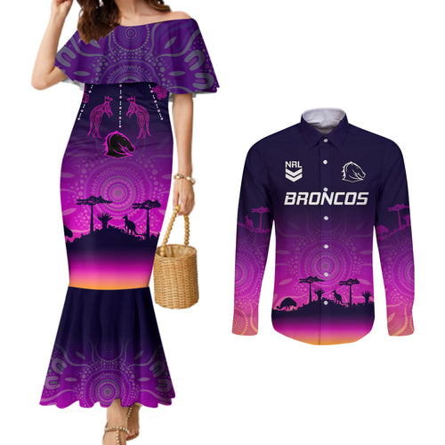 nrl-broncos-couples-matching-mermaid-dress-and-long-sleeve-button-shirts-the-starry-night-indigenous-aboriginal