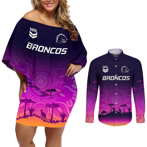 nrl-broncos-couples-matching-off-shoulder-short-dress-and-long-sleeve-button-shirts-the-starry-night-indigenous-aboriginal