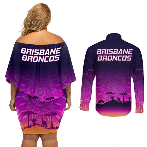 nrl-broncos-couples-matching-off-shoulder-short-dress-and-long-sleeve-button-shirts-the-starry-night-indigenous-aboriginal