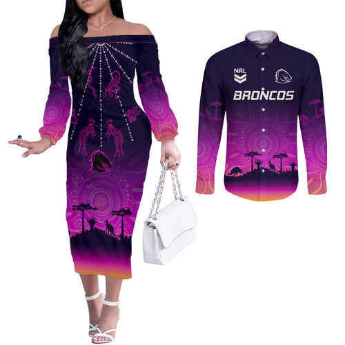 nrl-broncos-couples-matching-off-the-shoulder-long-sleeve-dress-and-long-sleeve-button-shirts-the-starry-night-indigenous-aboriginal
