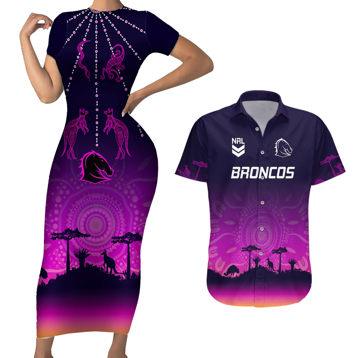 nrl-broncos-couples-matching-short-sleeve-bodycon-dress-and-hawaiian-shirt-the-starry-night-indigenous-aboriginal