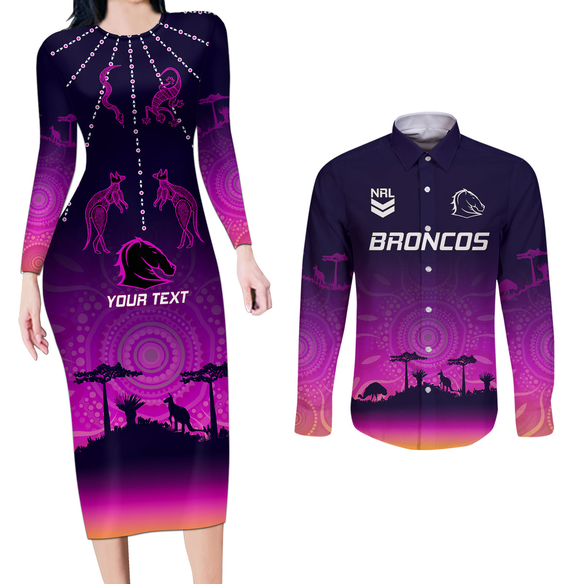 custom-nrl-broncos-couples-matching-long-sleeve-bodycon-dress-and-long-sleeve-button-shirts-the-starry-night-indigenous-aboriginal