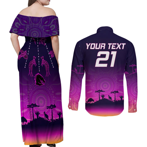 custom-nrl-broncos-couples-matching-off-shoulder-maxi-dress-and-long-sleeve-button-shirts-the-starry-night-indigenous-aboriginal