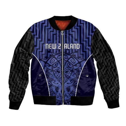 Custom Basketball New Zealand Bomber Jacket Blue Maori Ta Moko Indigenous - Aussie Hoodie