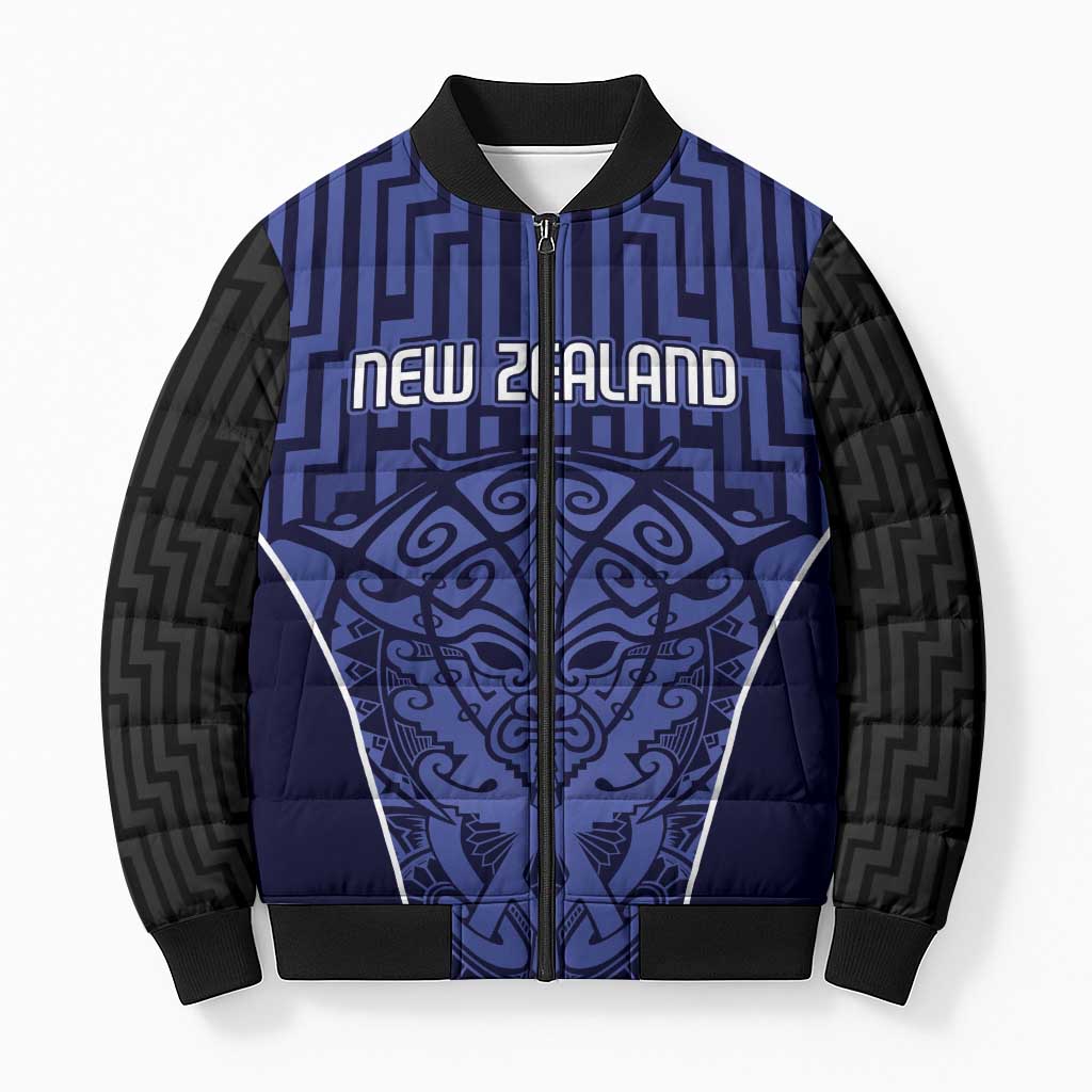 Custom Basketball New Zealand Bomber Puffer Jacket Blue Maori Ta Moko Indigenous - Aussie Hoodie