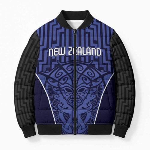 Custom Basketball New Zealand Bomber Puffer Jacket Blue Maori Ta Moko Indigenous - Aussie Hoodie