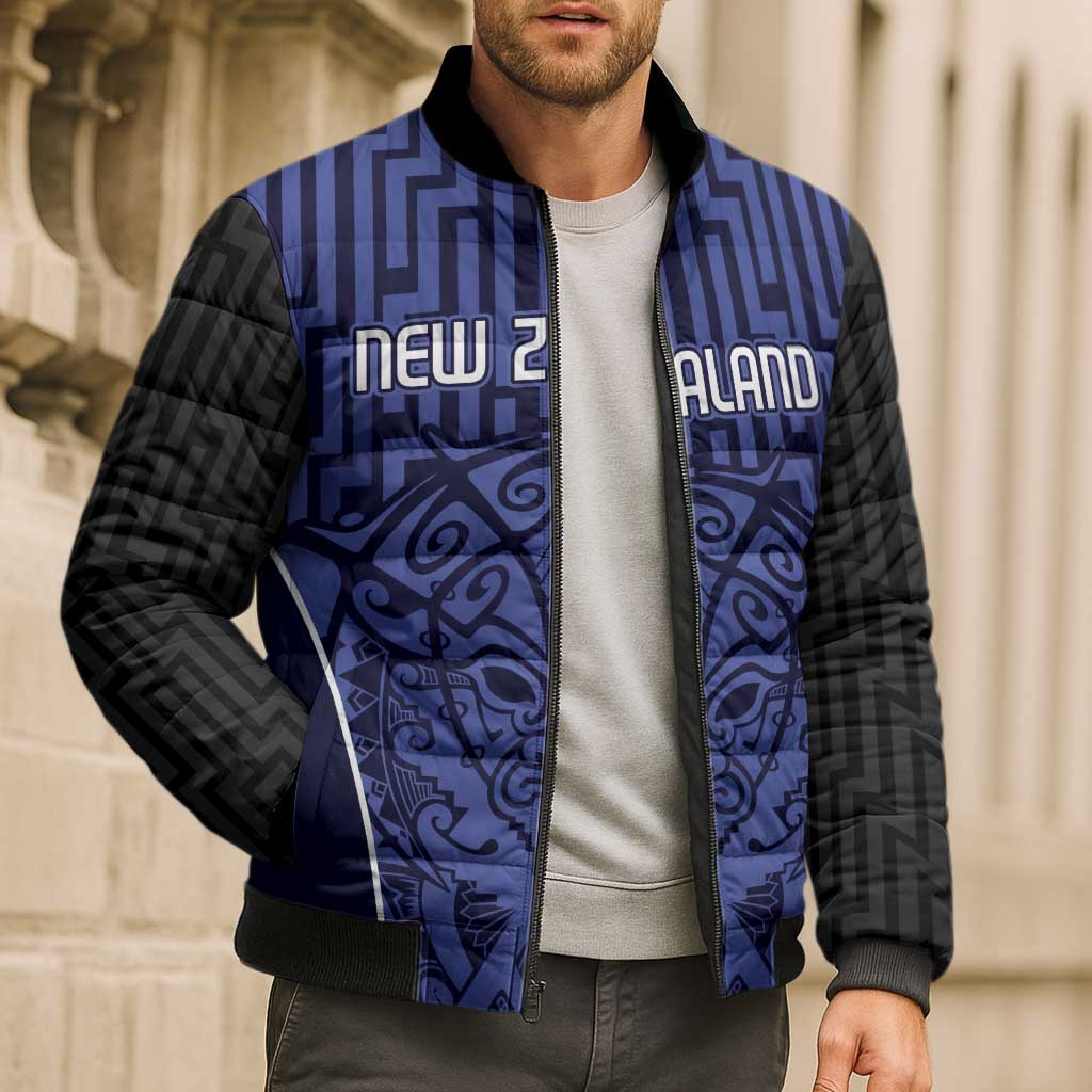 Custom Basketball New Zealand Bomber Puffer Jacket Blue Maori Ta Moko Indigenous - Aussie Hoodie